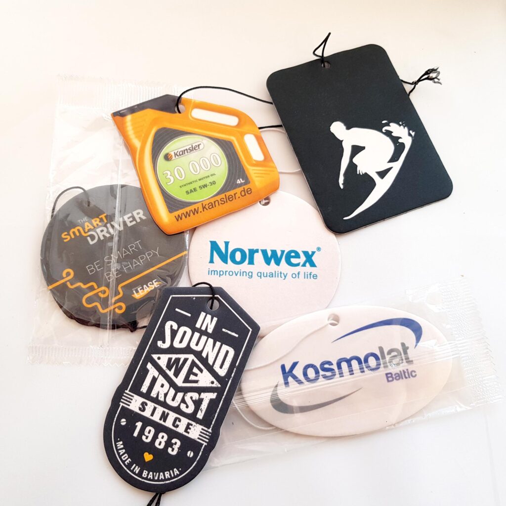 A selection of different shaped and branded customised car air fresheners