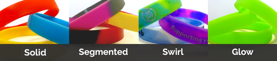 Different types of Silicone Wristbands with text