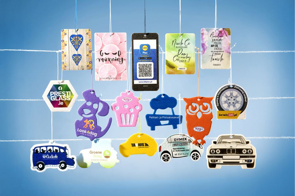 Examples of different colours, shapes and sizes for car air fresheners